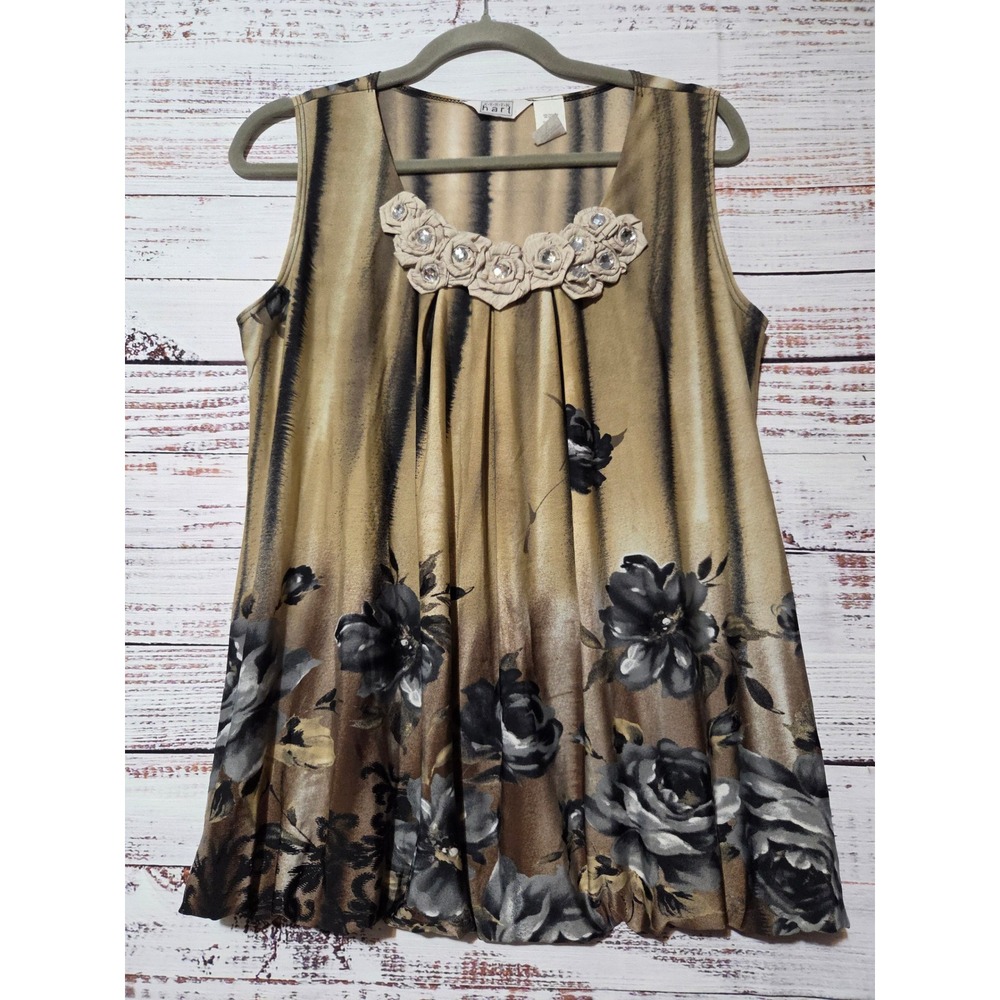 Keren Hart Floral Rhinestone Bubble Hem Sleeveless Tunic Top Brown L Whimsigoth